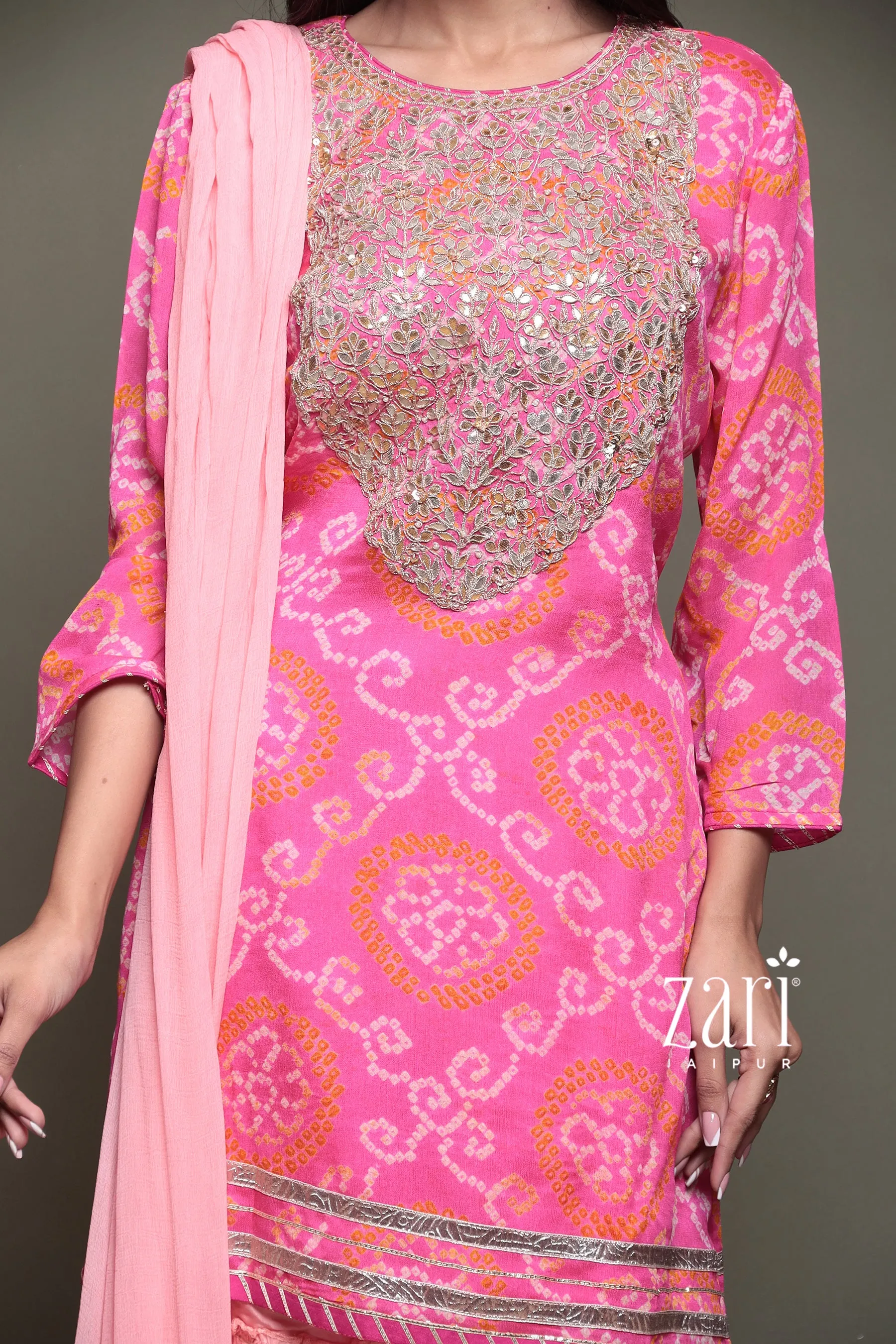 Bandhej Chinon silk Suit with Aari, Gota Patti, Pearl, Thread, Zardozi work.