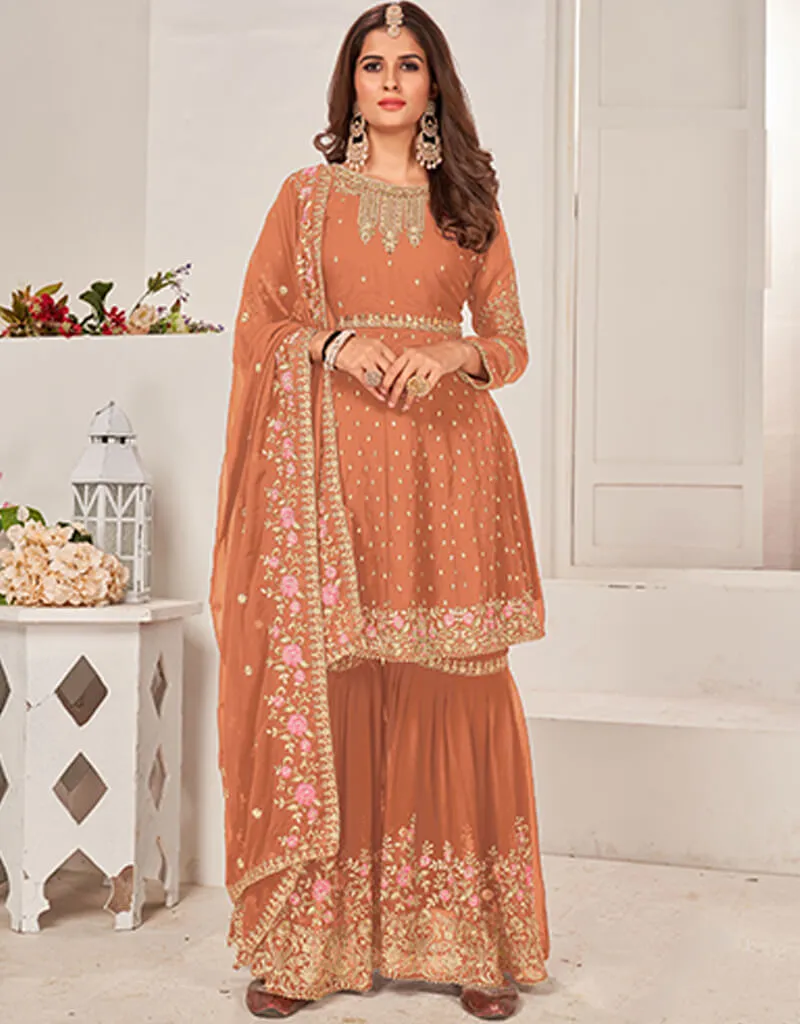 Beige Sharara style Salwar Suit Faux Georgette