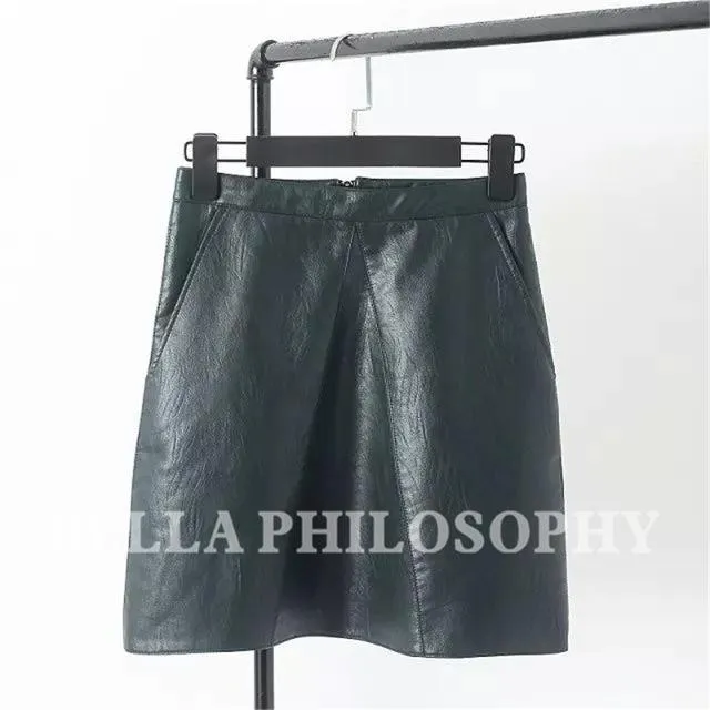 Bella Philosophy 2017 spring high waist Skrit PU faux leather women skirt pink yellow black green blue zipper mini skirt women