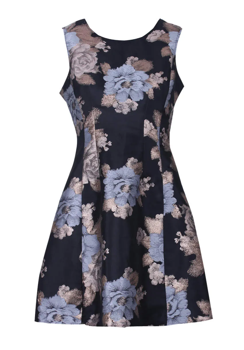 Black Floral Metallic Skater Dress