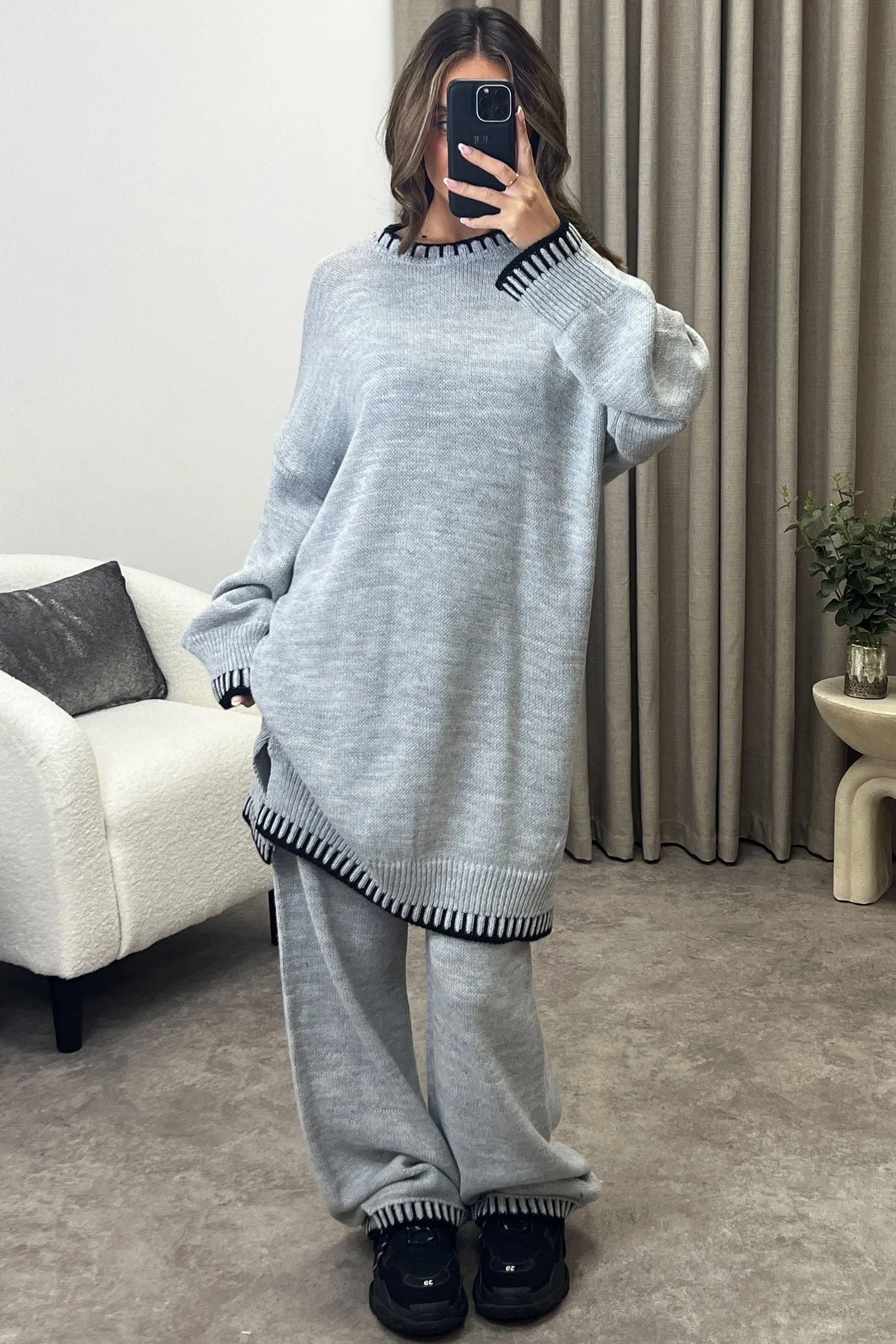 Camina Grey Contrasting Trim Knitted Jumper and Trousers Co-Ord Set