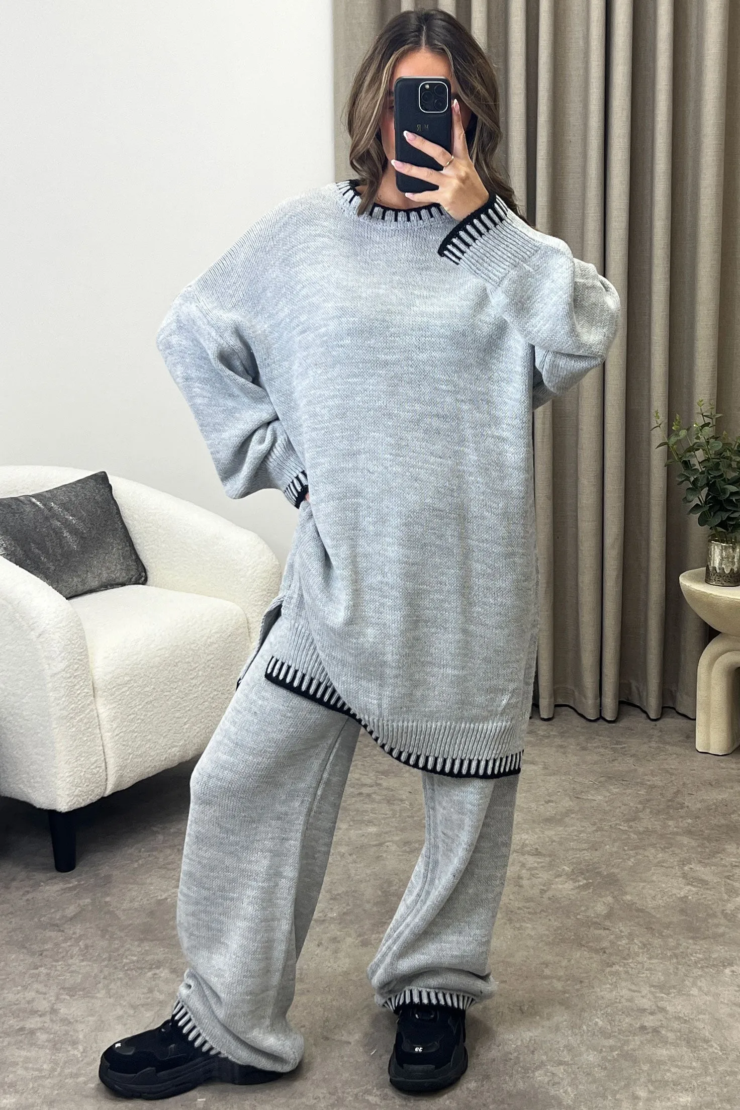 Camina Grey Contrasting Trim Knitted Jumper and Trousers Co-Ord Set