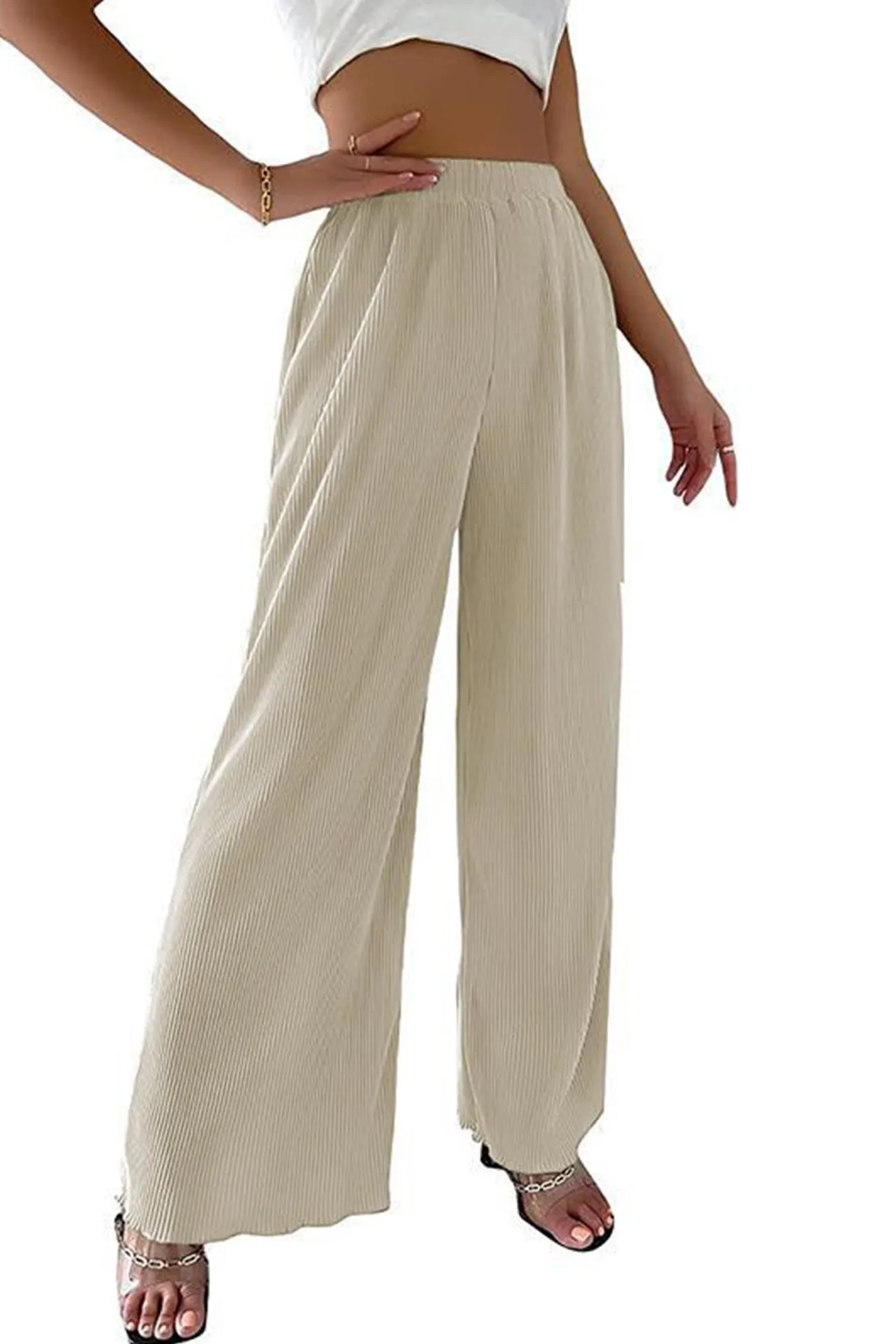 Casual Solid Color Elastic Waist Wide Leg Long Pants