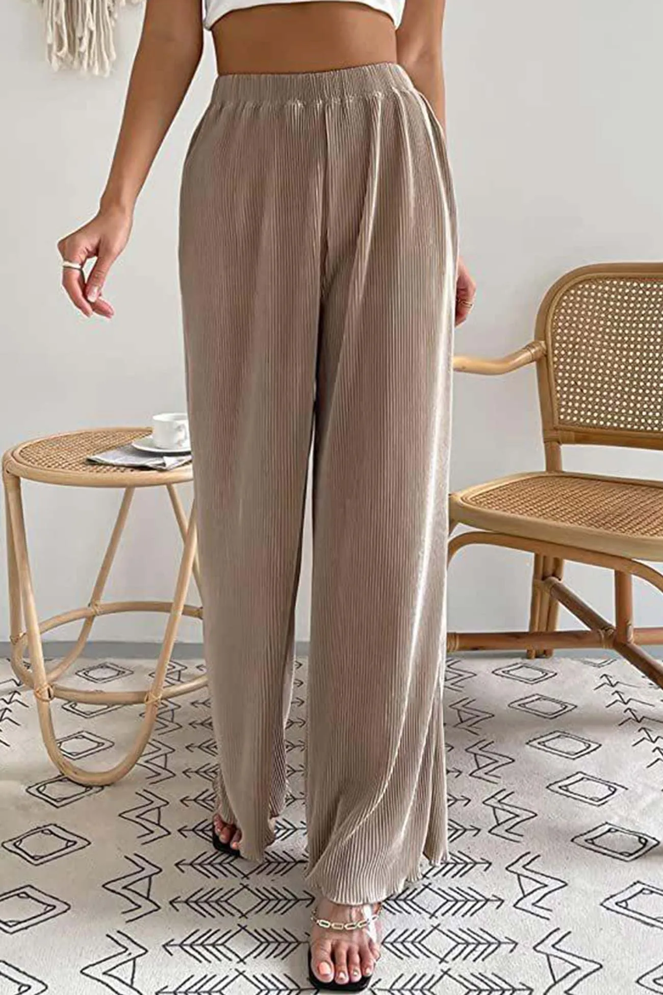 Casual Solid Color Elastic Waist Wide Leg Long Pants