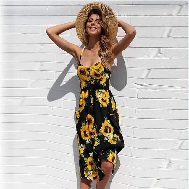 Casual Vintage Sundress Women Summer Dress Backless Floral Beach