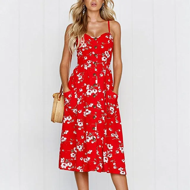 Casual Vintage Sundress Women Summer Dress Backless Floral Beach