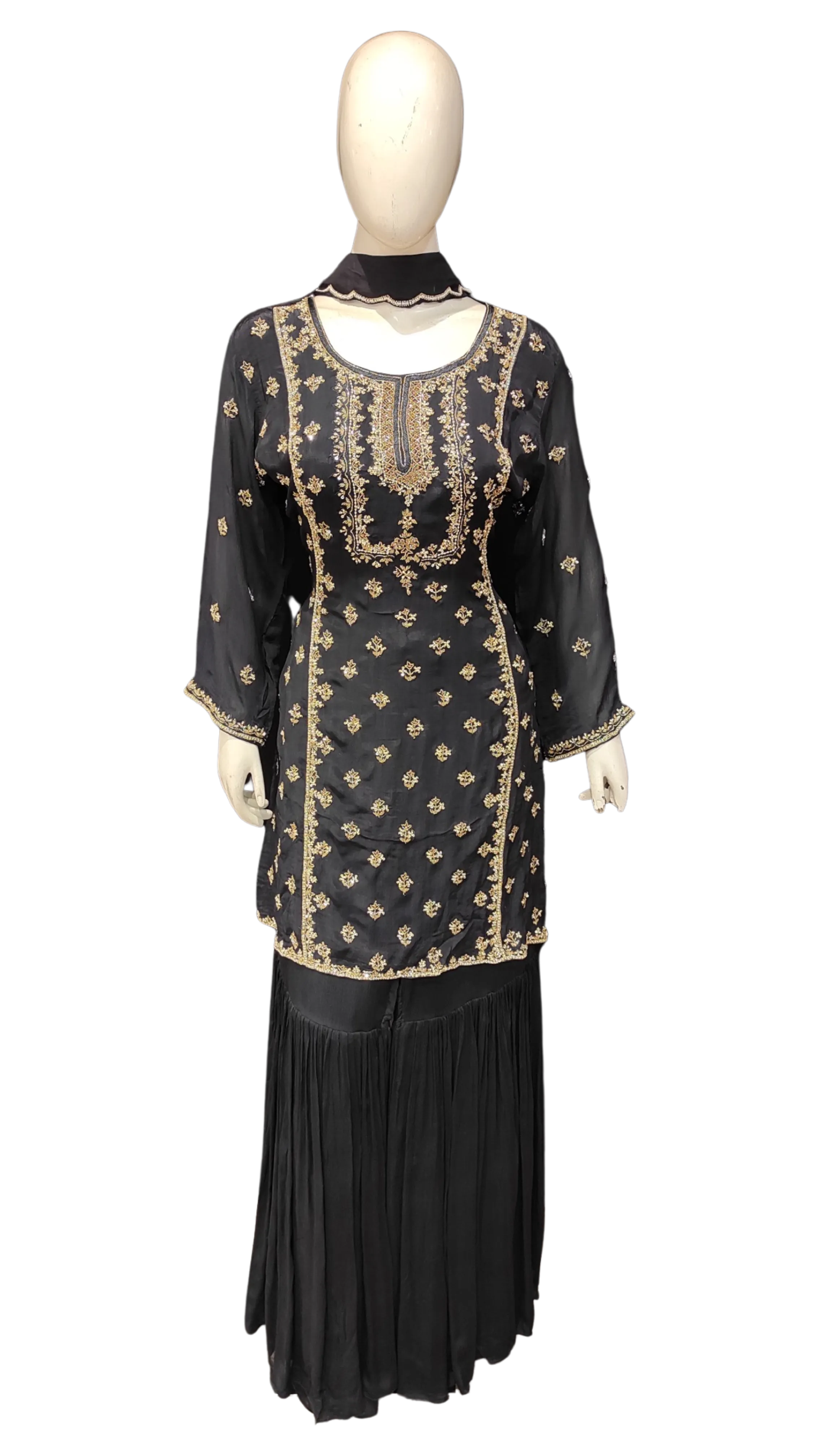 Chinon Sharara -Kurti With Golden Hand Work