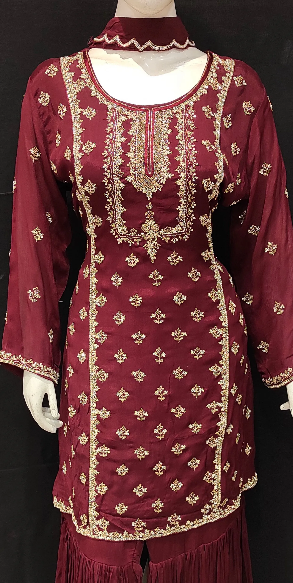 Chinon Sharara -Kurti With Golden Hand Work