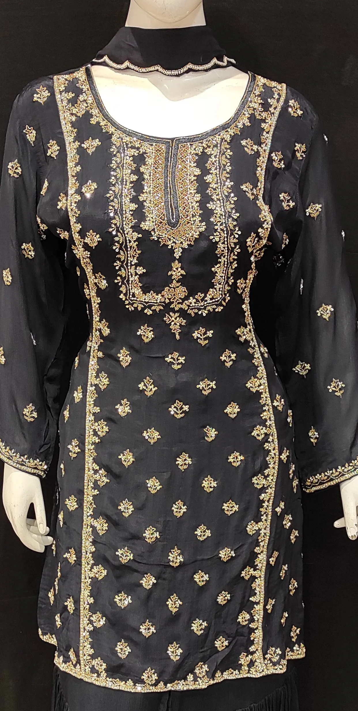 Chinon Sharara -Kurti With Golden Hand Work