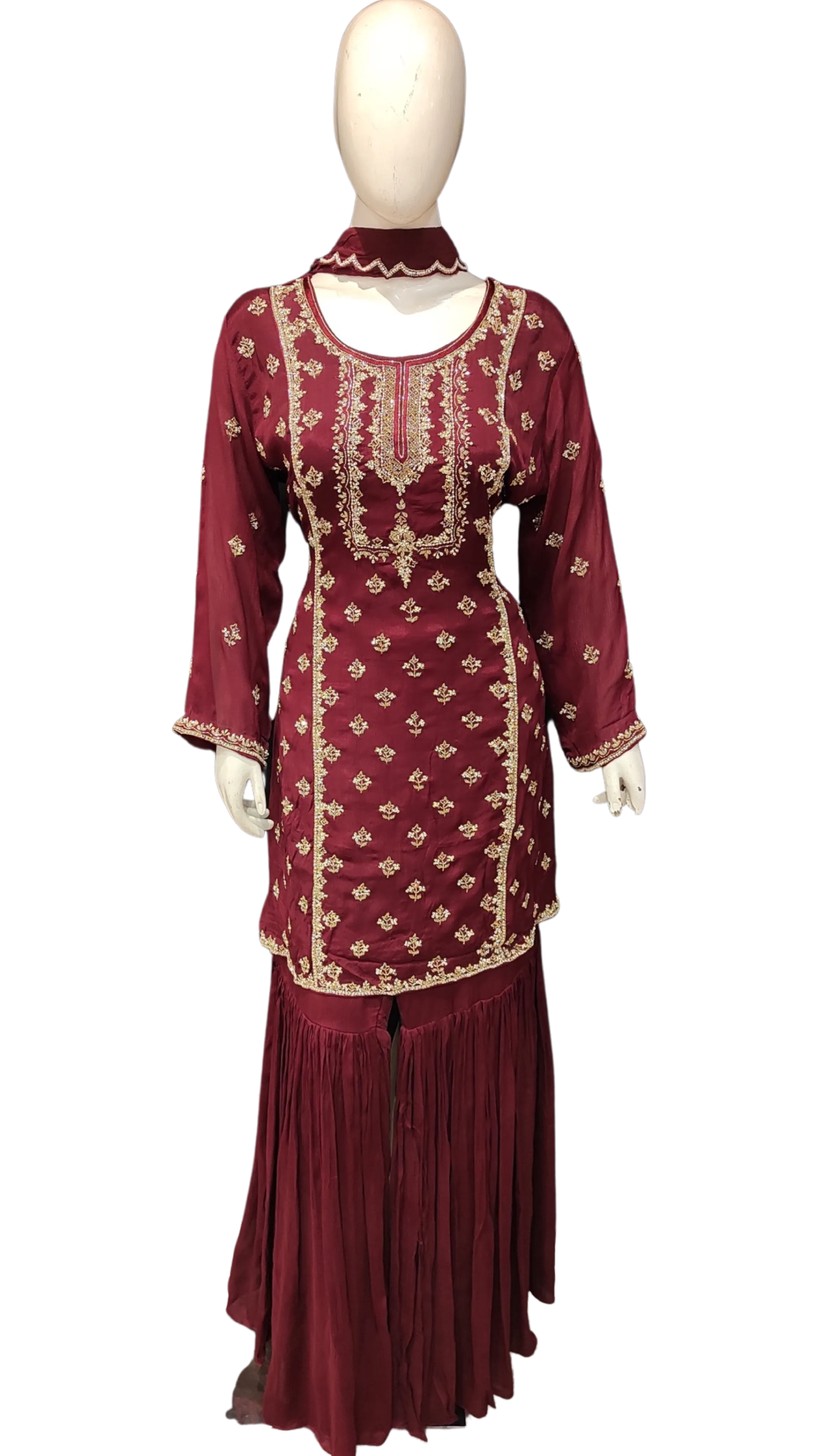 Chinon Sharara -Kurti With Golden Hand Work