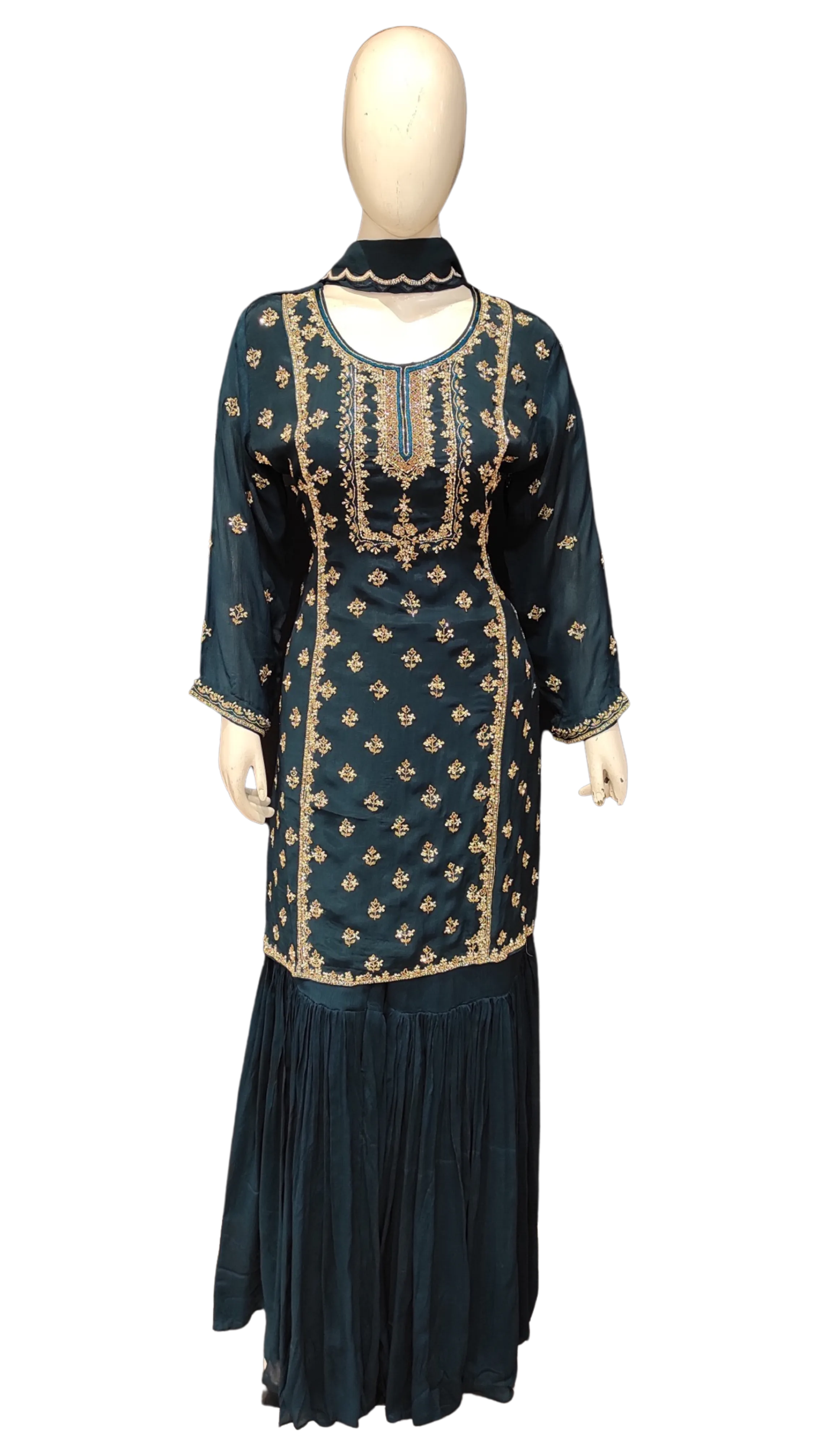 Chinon Sharara -Kurti With Golden Hand Work