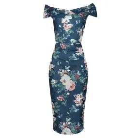 Dark Blue Floral Print Bardot Style On or Off Shoulder Pencil Wiggle Dress