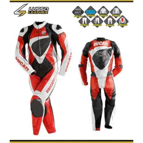 Ducati corse red, white and black motorcycle leather suit