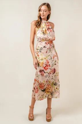 Floral Print Halter Neck Satin Midi Dress