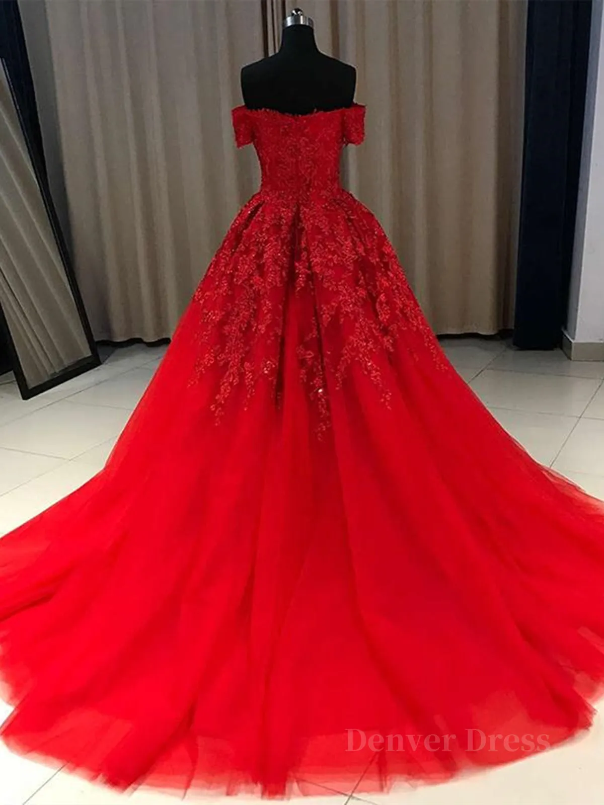 kamahe Gorgeous Off Shoulder Red Lace Long Prom Dresses, Red Lace Formal Evening Dresses, Red Ball Gown