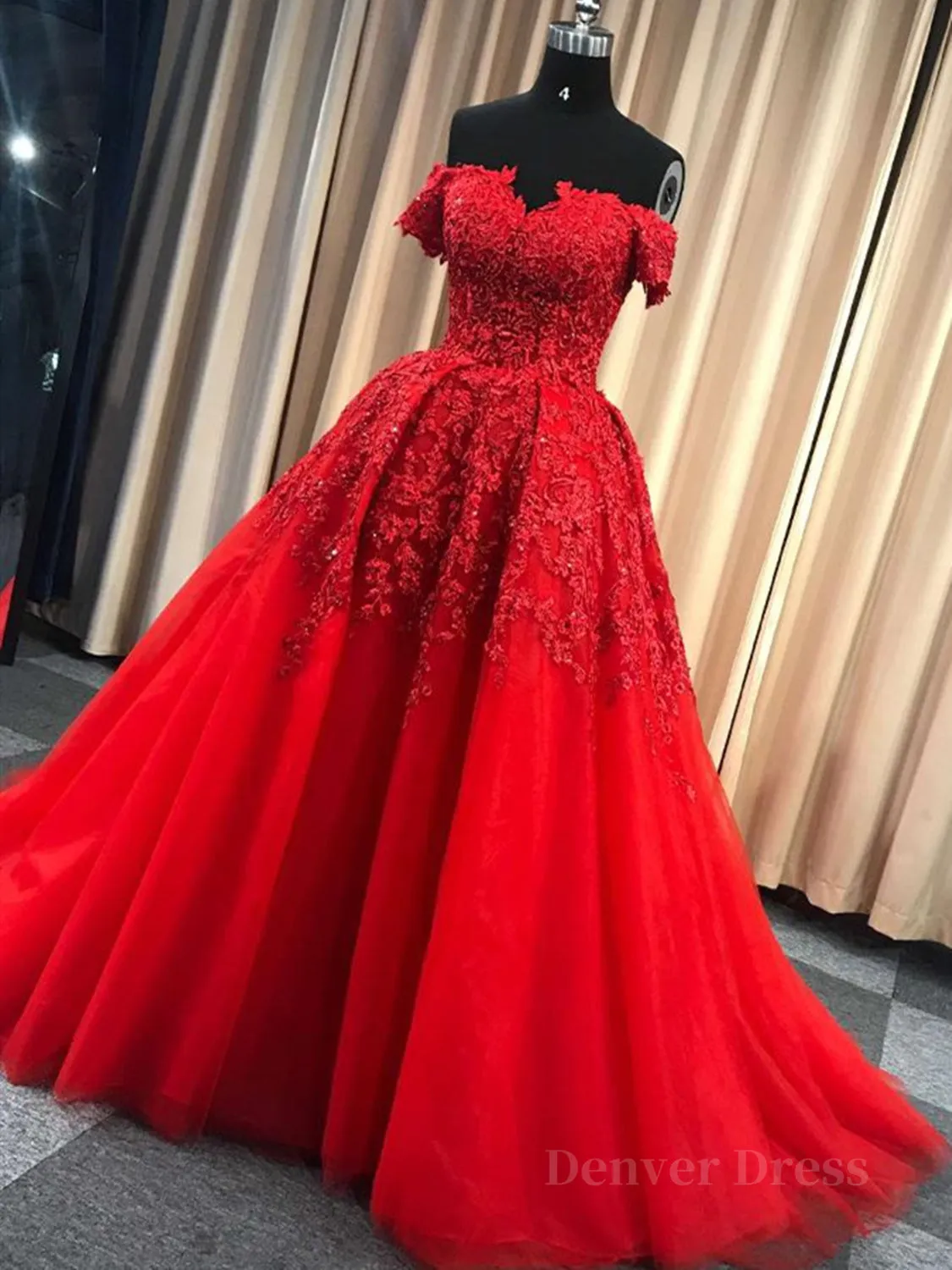 kamahe Gorgeous Off Shoulder Red Lace Long Prom Dresses, Red Lace Formal Evening Dresses, Red Ball Gown