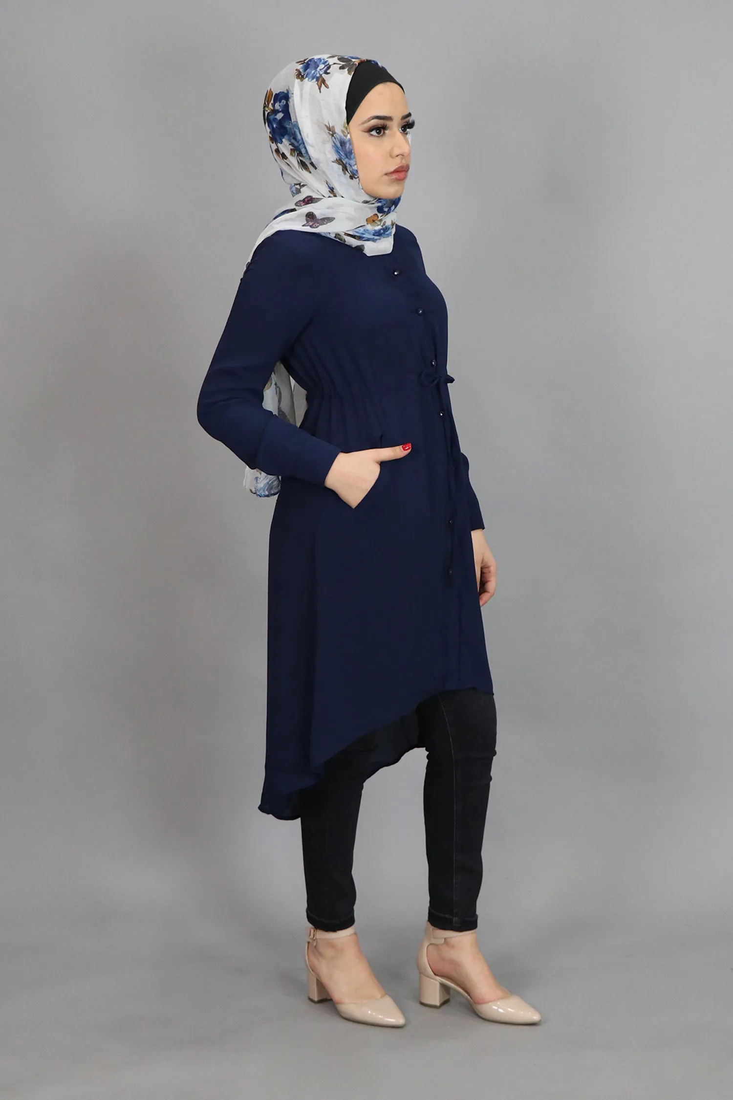 Navy Blue Chiffon Buttoned-Down Tunic