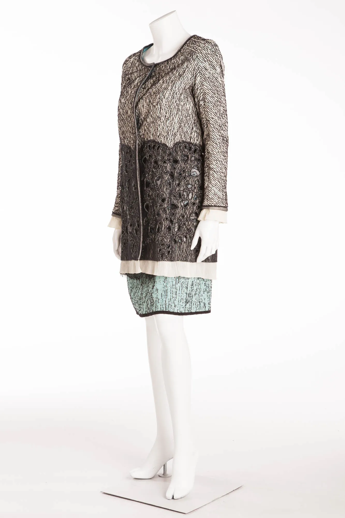 Rochas - 3PC Gray Button up Jacket with Eyelets & Turquoise & Black Spaghetti Strap Top, Dress and Skirt